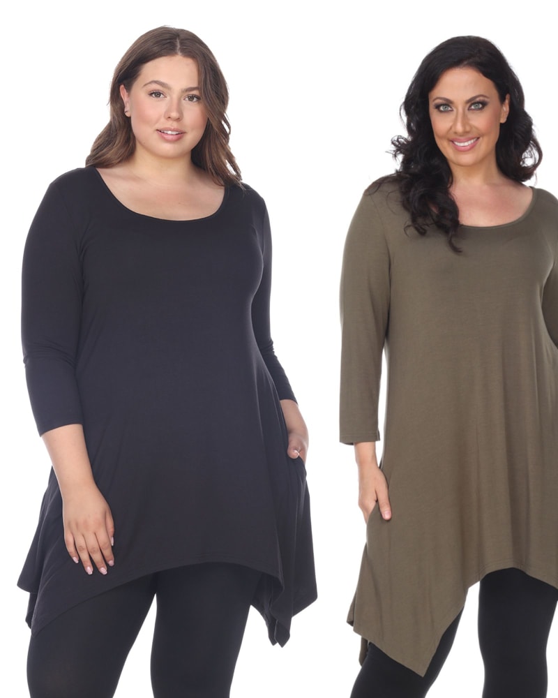 Front of a model wearing a size 4X Essential Makayla 2-Pack Tunic Top in Navy Olive by White Mark. | dia_product_style_image_id:249944